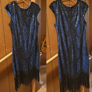 Fundaisey XL Blue & Black 1920 Flapper Dress